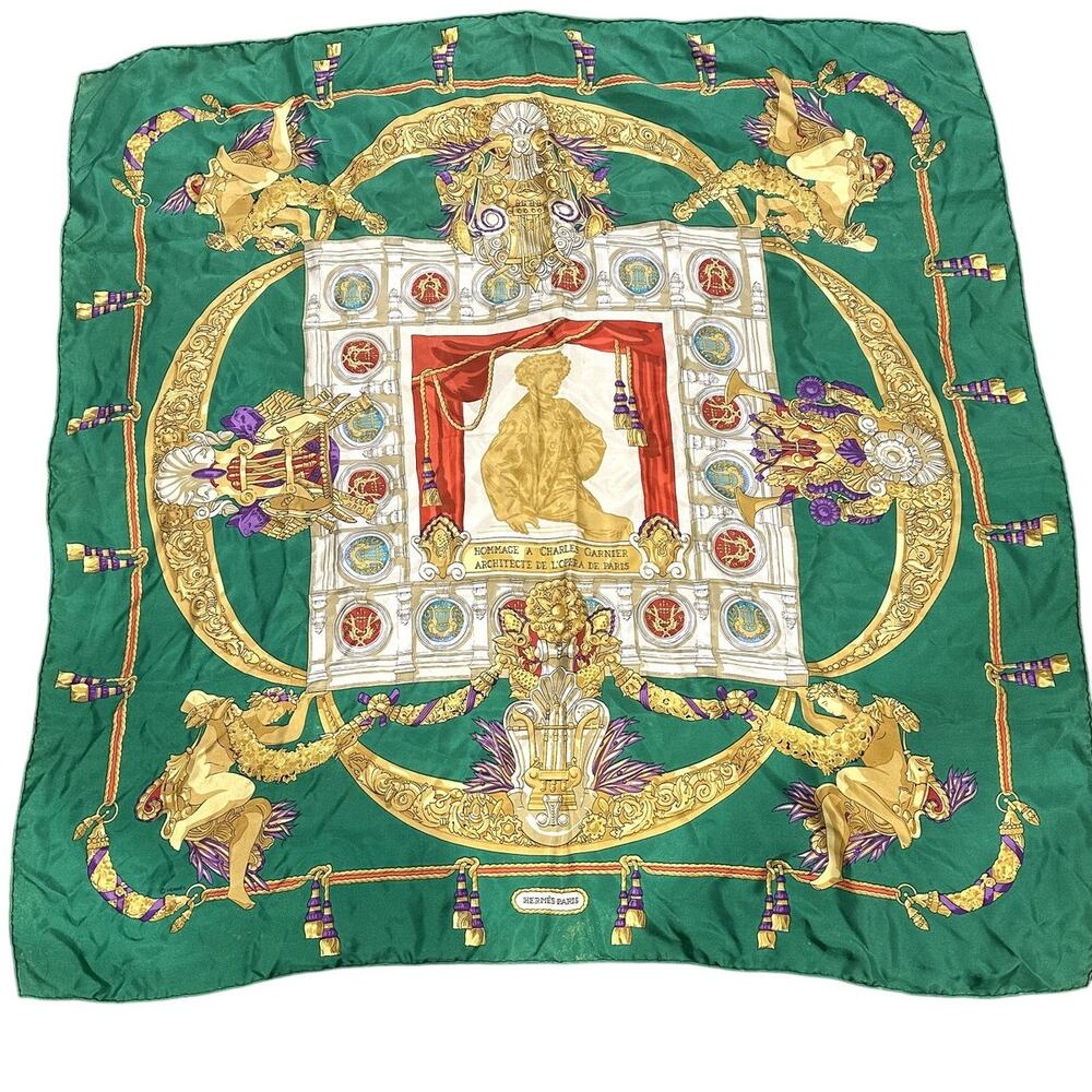 HERMES Scarf Silk Hommage A Charles Garnier Green -Preowned, no box, no care tag
